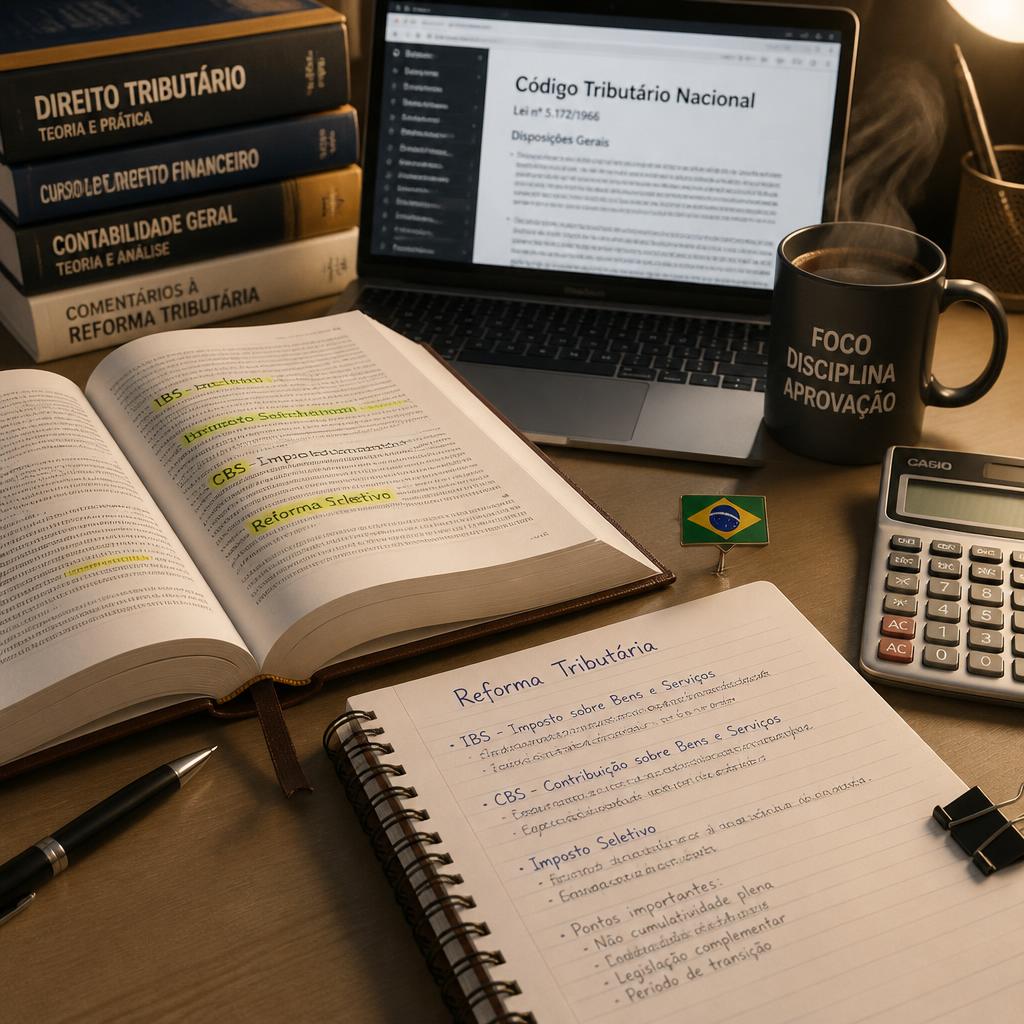 Mesa de estudos com livros de Direito Tributário, notebook e anotações sobre IBS, CBS e Reforma Tributária